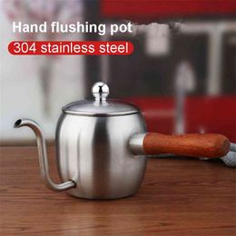 Stainless steel coffee pot with wooden handle tea kettle espresso maker gooseneck kettle portable coffee maker barista tools 210408