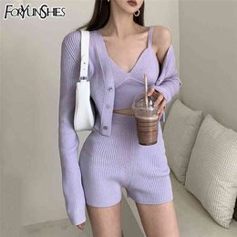 3 Piece Set Women Knitted Outfits Long Sleeve Cardigan+V Neck Corset Top +High Waist Shorts Sexy Purple Casual Home Clothes 210721