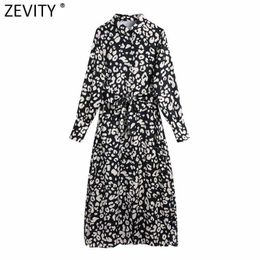 Zevity Women Fashion Turn Down Collar Leopard Print Casual A Line Dress Female Chic Sashes Party Vestido Split Cloth DS4921 210603