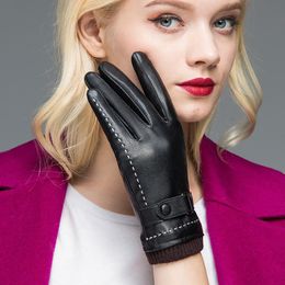 Sports Gloves Fashion Leather U Mittens Women's Winter Plus Velvet Thickening Keep Warm Sheepskin Grain Touch Screen Motorcycle