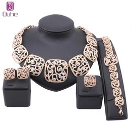 Dubai Gold Crystal Jewelry Nigerian Square Necklace Bracelet Earrings Ring Women Italian Bridal Jewellry Sets Wedding Accessories