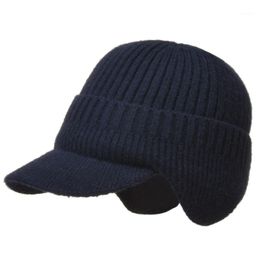 Outdoor Hats Men Knitted Baseball Hat Solid Colour Head Warmer With Earflaps For Winter Sports Visor Cap