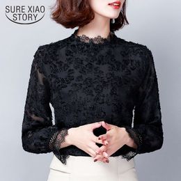 Fashion Blouses Women Spring Korean Clothing Black Long Tops Lace Spliced Solid Stand Flare Sleeve Plus Size Blusas 6275 50 210415