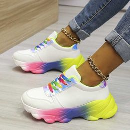 Muffin Flat Bottom Fashion Lace-up Rainbow Sole Thick Bottom White Shoes Women's Summer Thin Sneakers Women's Casual Shoes 2021 Y0907