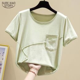 Fashion Solid Cotton T-shirts Summer Short Sleeve T Shirt Women Sweet Pocket Loose Tees Ladies Tops Shirts Clothes 9480 210417