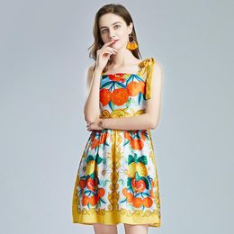 -Moda Pista de Verão Print Fruit Mini Vestido 2021 Bow Mulheres Spaghetti Strap Backless Cherry Floral Curto Vestidos Casuais