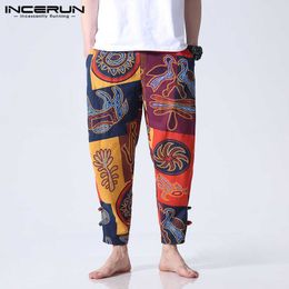 Men Fashion Floral Cotton Pants Casual Wide Legs Patalones Loose Fitness Pants Baggy Button Ankle Length Trousers Ethnic Style X0723