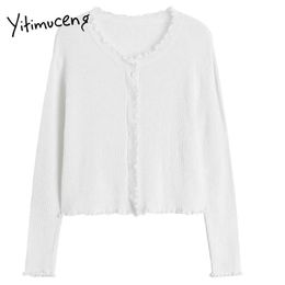 Yitimuceng White T Shirts Woman Knitted Tops Straight O-Neck Harajuku Solid Summer Fashion Edible Tree Fungus Tshirts 210601