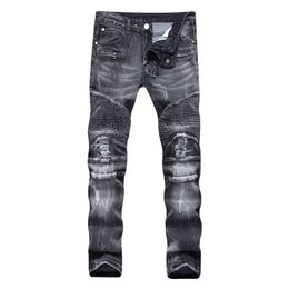 Trade Classic Retro Men Straight Slim Zipper Decoration light fold Skinny Denim pants Fashion Stretch Hip Hop Jogger Jeans