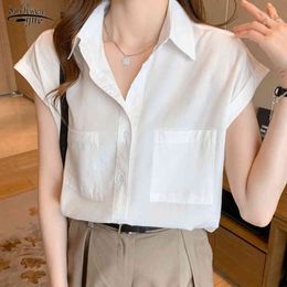 Summer Cotton Single Breasted Women Shirts Casual Vintage Pockets Blouse Tops Plus Size Solid Female Clothing 14171 210508