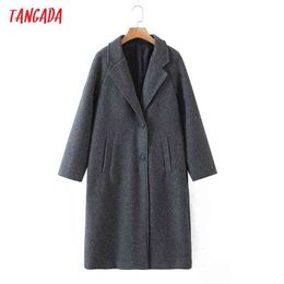 Tangada Women Winter Grey Thick Woollen Coats With Button Loose Long Sleeves Pocket Ladies Elegant OverCoat 2Z18 211118