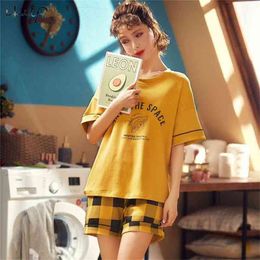 Pyjamas Women Cotton Cartoon Pyjamas Set Short Sleeve Sleepwear Womens Nightwear Cute Casual Homewear Female Pyjamas Sleepsuit 210330