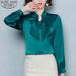 Elegant Solid Loose Long Sleeve Women Tops and Blouses Spring Bow Silk Clothes Office Lady Korean Fashion Clothing 8493 50 210417