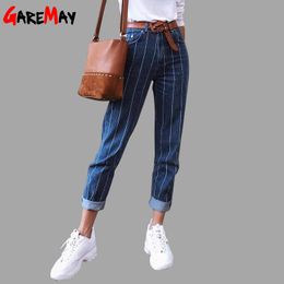 Women's Skinny Striped Jeans With Stripes High Waist Slim Fashion For Woman Blue Denim Pants Female 210428