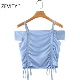 women slash neck pleated bow tied slim short blouse shirt sleeve strap blusas chic summer femininas tops T688 210420