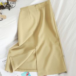 Women PU Leather Skirts High Waist Solid Straight Elegant Split Skirt Midi for Summer 13555 210508