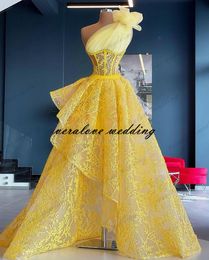 Women Long Prom Dress High Low Yellow 2021 Lace Appliques Sweep Train One Shoulder Formal Evening Gown Vestido De Fiesta