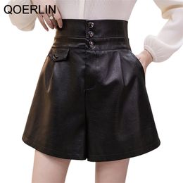 PU leather Shorts Women Boots High Waist Wide Leg Short Trouser ChicPocket Button Plus Size pants S-XL 210601