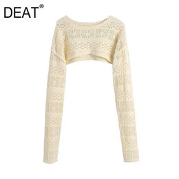 [DEAT] Spring Summer Fashion Solid Colour Long Sleeve Hollow Out Round Neck Knitting Pullovers Sweater 13D111 210527