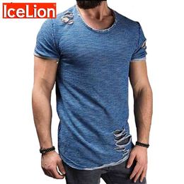 IceLion Summer Cotton T Shirt Men Fashion Hole Short Sleeve T-shirt Solid Slim Fit O Neck Tops Casual Tshirt Drop 210726