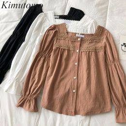 Kimutomo Square Collar Patchwork Lace Blouse Women Spring Sweet Solid Girls Flare Sleeve Single Breasted Shirt Korean Chic 210521