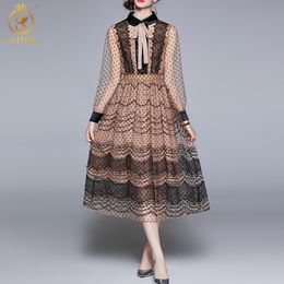 Fashion Runway Mesh Mid-Length Dress Robe Women Long Sleeve Elegant Bow Collar Party Dresses Vestidos 210520