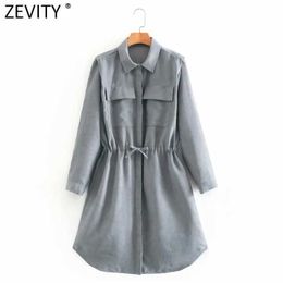 Zevity Women Vintage Turn Down Collar Pockets Decoration Shirt Dress Female Long Sleeve Casual Elastic Waist Vestido DS4989 210603