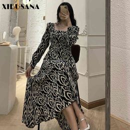 French Square Collar Dresses Women Spring Autumn Female Long Sleeve Loose Printed Leopard Dress Plus Size 5XL 210423