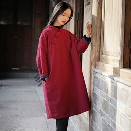 Johnature Women Chinese Style Dress Thick Cotton Linen Robe Stand Long Sleeve Warm Winter Loose Solid Color Women Dress 210521