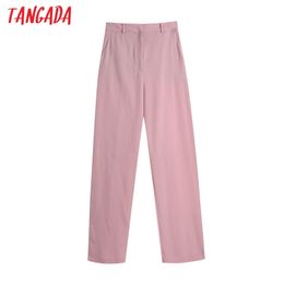 Women Pink Suit Pants Vintage High Waist Chic Fashion Side Pockets Zipper Fly Female Trousers BE533 210416