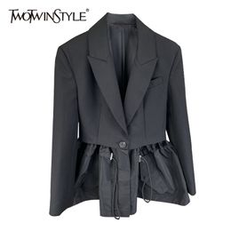 TWOTWINSTYLE Minimalist Solid Fold Pleated Female Blazer Notched Long Sleeve Loose Waist Patchwork Women's Coat Autumn 211019