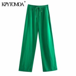 KPYTOMOA Women Chic Fashion Side Pockets Loose Wide Leg Pants Vintage High Elastic Waist Drawstring Female Trousers Mujer 211115