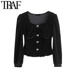 TRAF Women Fashion Buttons Decorate Cropped Velvet Blouses Vintage Square Collar Puff Sleeve Female Shirts Blusas Chic Tops 210415