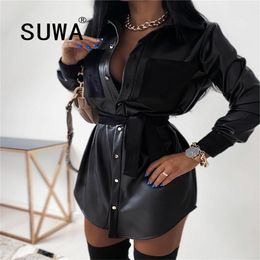 Autumn Spring Women Fashion Elegant Patchwork Turn-down Collar Casual Black Long Sleeve Button Shirt Blouses PU Mini Dress 210525