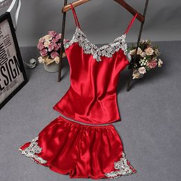 Ladies Sexy Silk Satin Pyjama Set Lace Sleepwear Sleeveless Pijama V-neck If you like it, just buy it directly