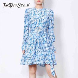 Print Floral Spring Dress For Women O Neck Long Sleeve High Waist Sashes Midi Dresses Female Fashion Clothing 210520