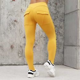 NORMOV Workout Women Leggings High Waist Elastic Push Up With Pocket Ankle Length Polyester Legging Casual Yellow 211215