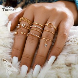 Tocona 8pcs/sets Geometric Bohemian Ring Sets Clear Crystal Stone Gold Chain Opening Rings For Female Jewellery Accessories 9012