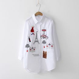 White Shirt Casual Wear Button Up Turn Down Collar Long Sleeve Cotton Blouse Embroidery Feminina T8D427M 210522