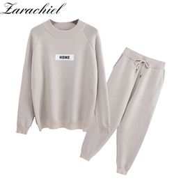 Autumn Winter Wool Tracksuit 2 Pieces Women Sportswear Long Sleeve Pullover Sweater + Pocket Lace-up Harem Pants Set 210416