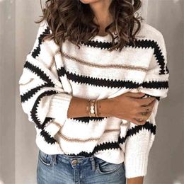 Foridol knitted sequined stripe sweater vintage lantern sleeve oversized casual sweater jumper autumn winter pull femme 210415