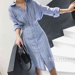 Women's Summer Long Skirt Retro Waist Striped Loose Mid-length Cold Wind Minimalist Sleeve Shirt Dress GX256 210507