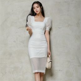 High Quality Elegant Lace Short Sleeve Square Neck Slim Dress Women Bodycon Formal Party Pencil 210603