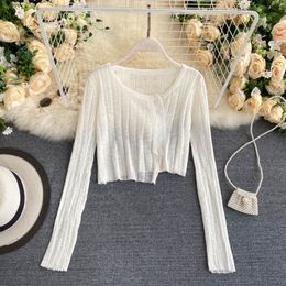 Women Summer O Neck Knitting Blouse Fashion Solid Elastic Button Tops Female Korean Long Sleeve Irregular Blouses 210419