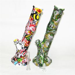 wholesale Hookahs cartoon non fading water printing silicone bong glass water pipes dab rigs with slide bowl pieces and downstem DHL