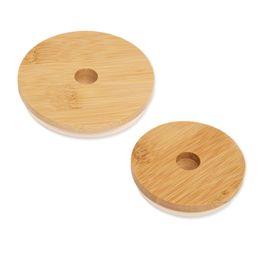 Kitchen Bamboo Mason Jar Lids with Straw Hole and Silicone Seal Reusable Caps for Wide Mouth Can Bottle 70mm 86mm KDJK2111