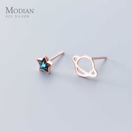 Silver 925 Heart Planet And Stars Stud Earrings for Women 925 Sterling Blue Ctystal Statement Jewelry 210707