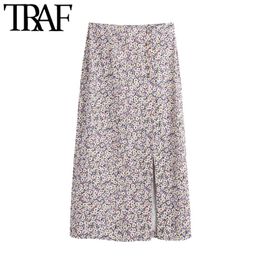TRAF Women Chic Fashion With Buttons Floral Print Midi Skirt Vintage High Waist Vents Hem Female Skirts Mujer 210415