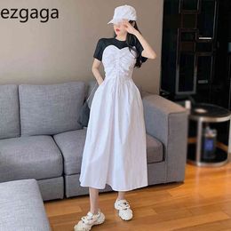Ezgaga Korean Chi Fashion Elegant Dress Women Drawstring Patchwork Short Sleeve Temperament High Waist Dresses Casual Vestidos 210430