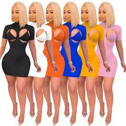 Plus size 2XL Women sexy dresses clubwear solid Colour hollow out short sleeve mini skirts summer clothing fashion six Colours skinny dress 4862